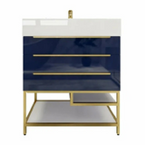 Blossom Freestanding Bathroom Vanity With Acrylic Sink, Drawers, Open Shelf Storage & Gold Hardware & Frame