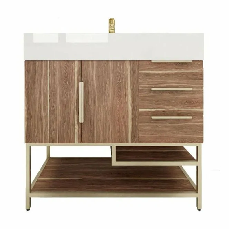 Blossom Freestanding Bathroom Vanity With Acrylic Sink, Drawers, Open Shelf Storage & Gold Hardware & Frame