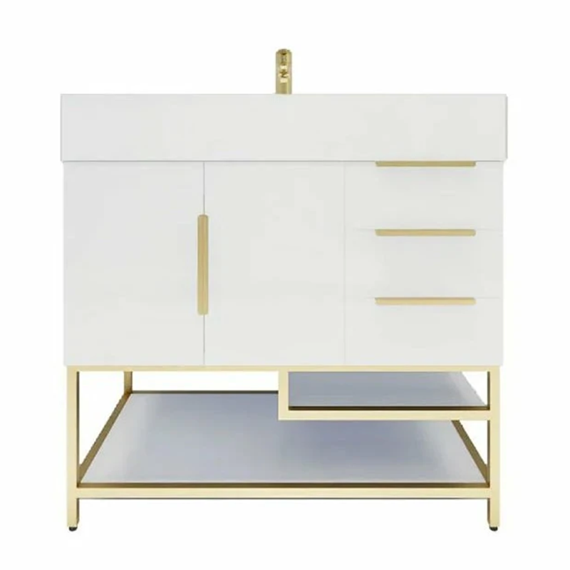 Blossom Freestanding Bathroom Vanity With Acrylic Sink, Drawers, Open Shelf Storage & Gold Hardware & Frame