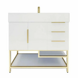 Blossom Freestanding Bathroom Vanity With Acrylic Sink, Drawers, Open Shelf Storage & Gold Hardware & Frame
