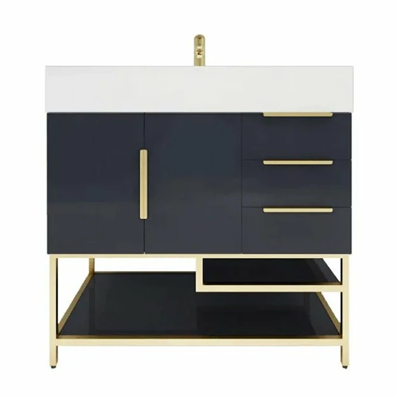 Blossom Freestanding Bathroom Vanity With Acrylic Sink, Drawers, Open Shelf Storage & Gold Hardware & Frame
