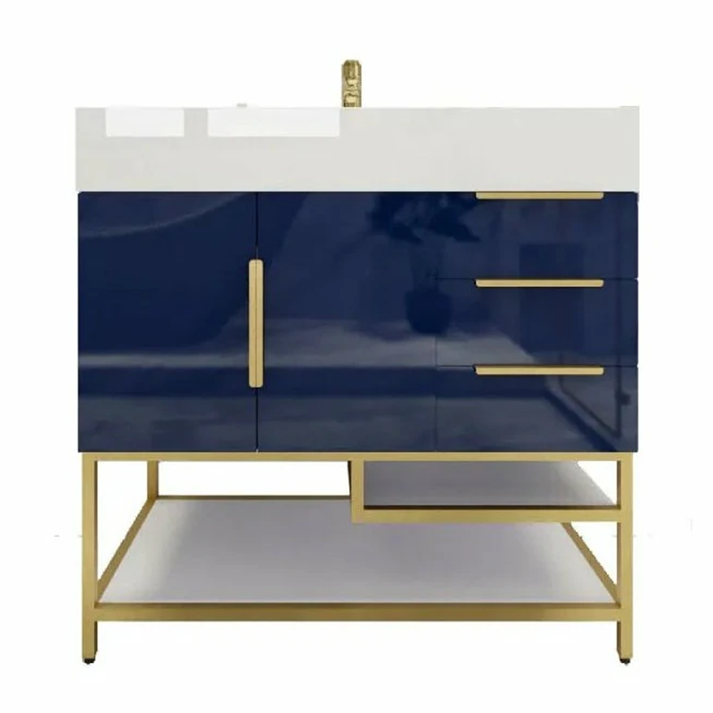 Blossom Freestanding Bathroom Vanity With Acrylic Sink, Drawers, Open Shelf Storage & Gold Hardware & Frame