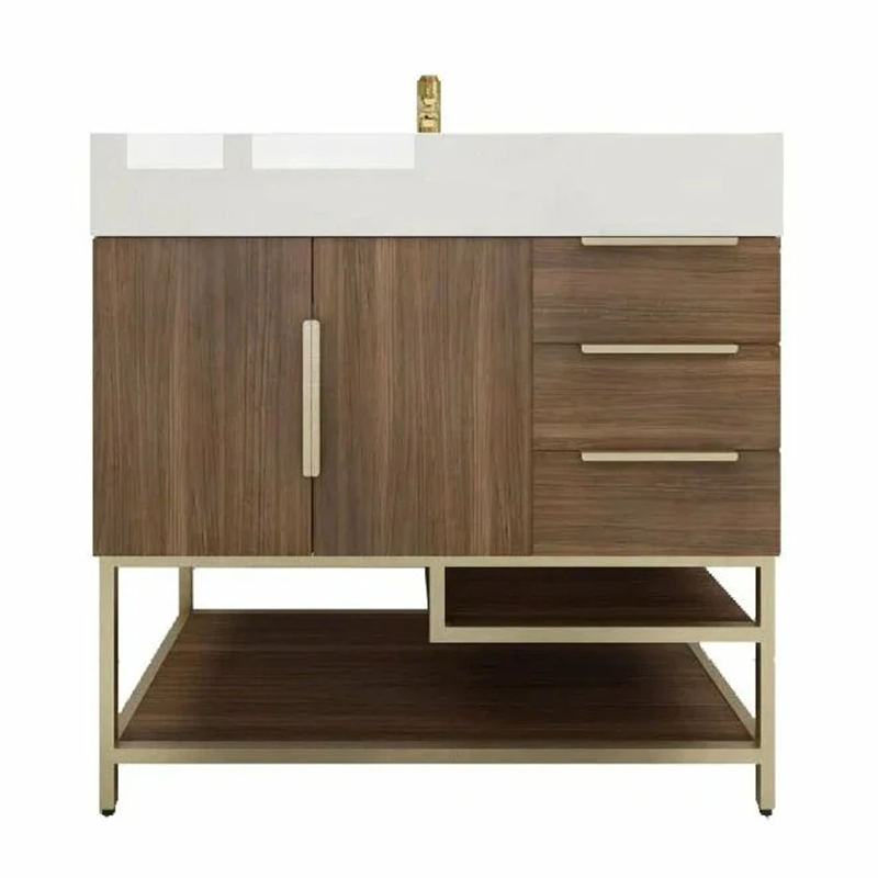 Blossom Freestanding Bathroom Vanity With Acrylic Sink, Drawers, Open Shelf Storage & Gold Hardware & Frame