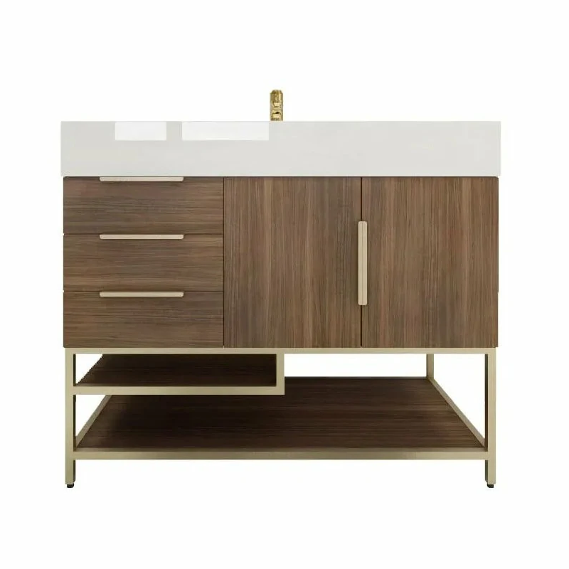 Blossom Freestanding Bathroom Vanity With Acrylic Sink, Drawers, Open Shelf Storage & Gold Hardware & Frame