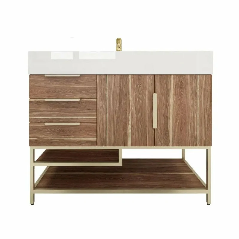 Blossom Freestanding Bathroom Vanity With Acrylic Sink, Drawers, Open Shelf Storage & Gold Hardware & Frame
