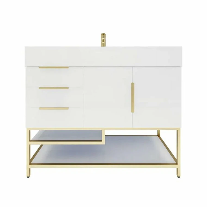 Blossom Freestanding Bathroom Vanity With Acrylic Sink, Drawers, Open Shelf Storage & Gold Hardware & Frame