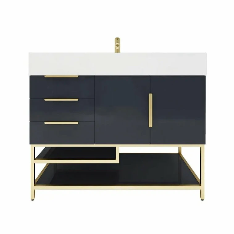 Blossom Freestanding Bathroom Vanity With Acrylic Sink, Drawers, Open Shelf Storage & Gold Hardware & Frame