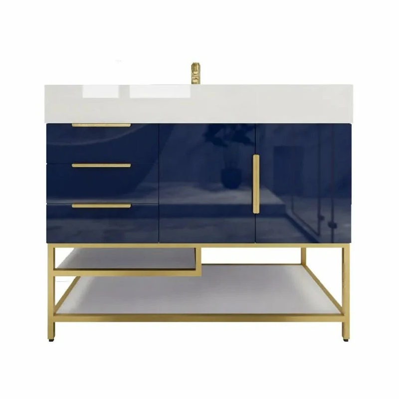 Blossom Freestanding Bathroom Vanity With Acrylic Sink, Drawers, Open Shelf Storage & Gold Hardware & Frame