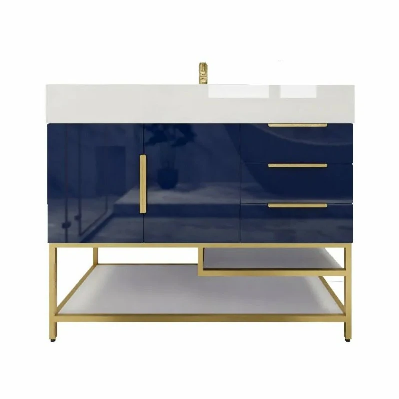 Blossom Freestanding Bathroom Vanity With Acrylic Sink, Drawers, Open Shelf Storage & Gold Hardware & Frame