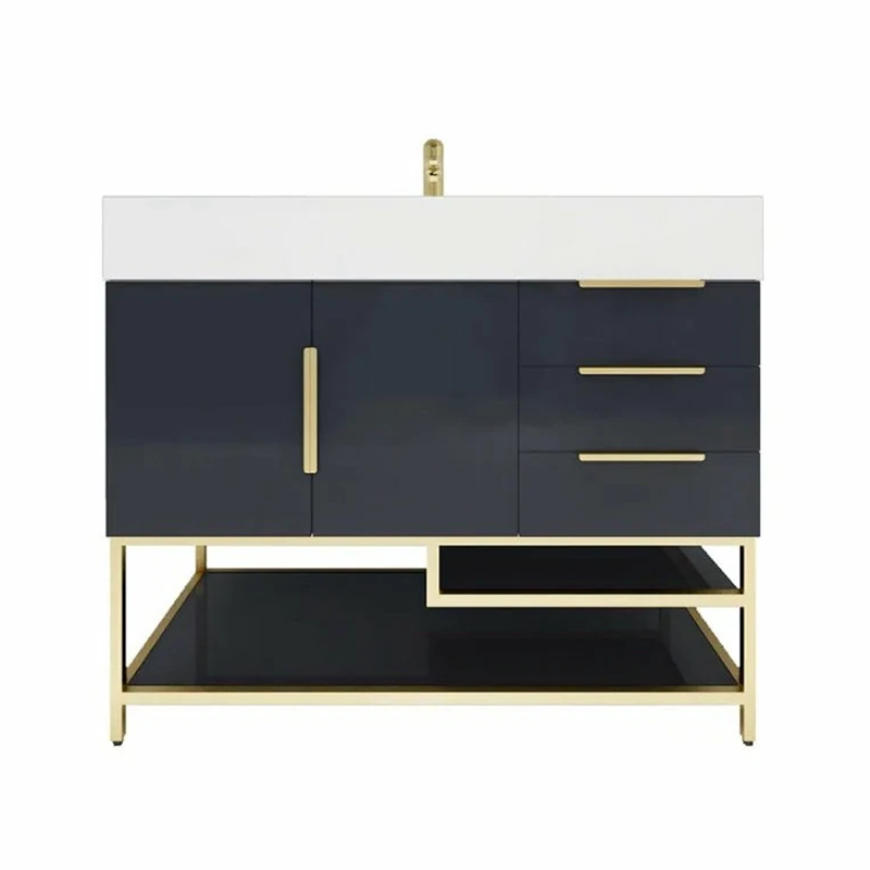 Blossom Freestanding Bathroom Vanity With Acrylic Sink, Drawers, Open Shelf Storage & Gold Hardware & Frame