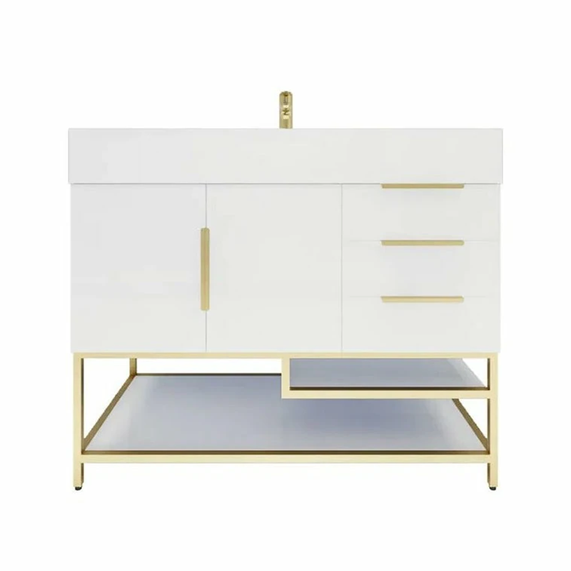 Blossom Freestanding Bathroom Vanity With Acrylic Sink, Drawers, Open Shelf Storage & Gold Hardware & Frame