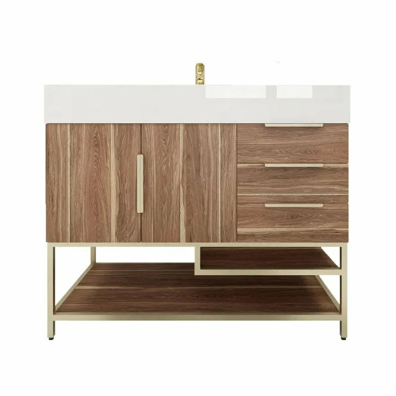 Blossom Freestanding Bathroom Vanity With Acrylic Sink, Drawers, Open Shelf Storage & Gold Hardware & Frame