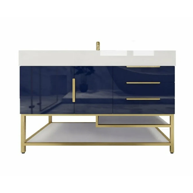 Blossom Freestanding Bathroom Vanity With Acrylic Sink, Drawers, Open Shelf Storage & Gold Hardware & Frame