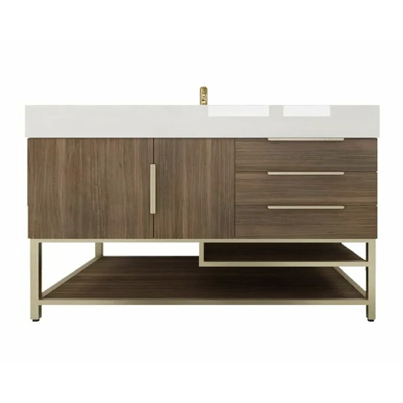Blossom Freestanding Bathroom Vanity With Acrylic Sink, Drawers, Open Shelf Storage & Gold Hardware & Frame