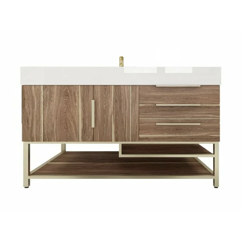 Blossom Freestanding Bathroom Vanity With Acrylic Sink, Drawers, Open Shelf Storage & Gold Hardware & Frame