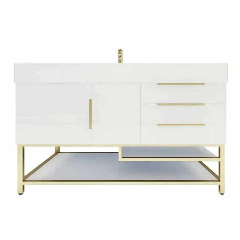 Blossom Freestanding Bathroom Vanity With Acrylic Sink, Drawers, Open Shelf Storage & Gold Hardware & Frame