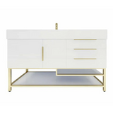 Blossom Freestanding Bathroom Vanity With Acrylic Sink, Drawers, Open Shelf Storage & Gold Hardware & Frame