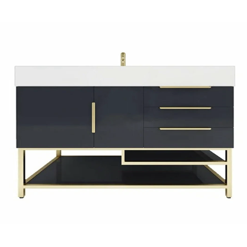 Blossom Freestanding Bathroom Vanity With Acrylic Sink, Drawers, Open Shelf Storage & Gold Hardware & Frame