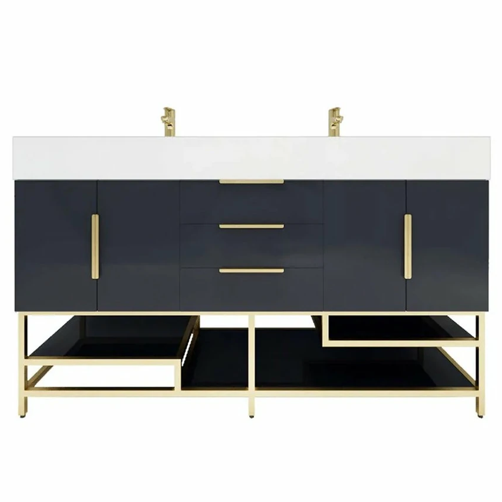 Blossom Freestanding Bathroom Vanity With Acrylic Sink, Drawers, Open Shelf Storage & Gold Hardware & Frame