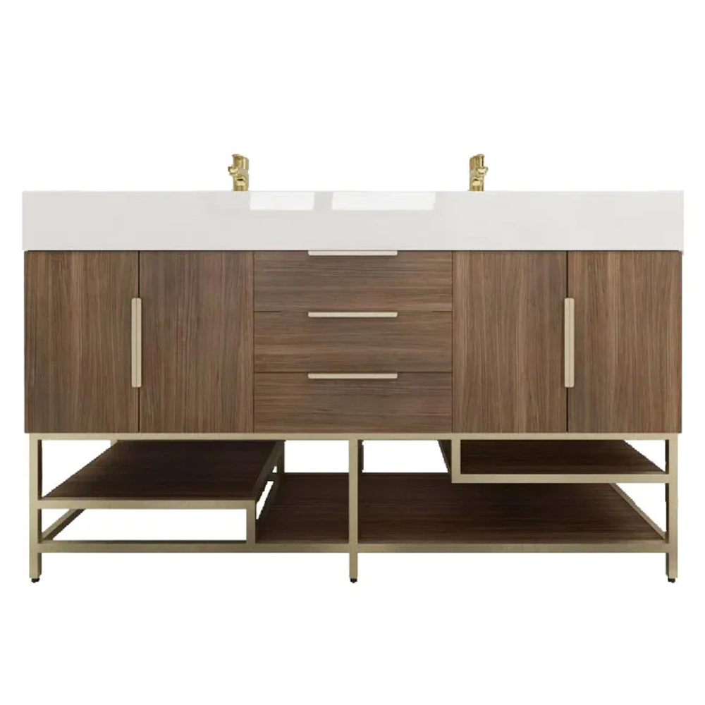 Blossom Freestanding Bathroom Vanity With Acrylic Sink, Drawers, Open Shelf Storage & Gold Hardware & Frame