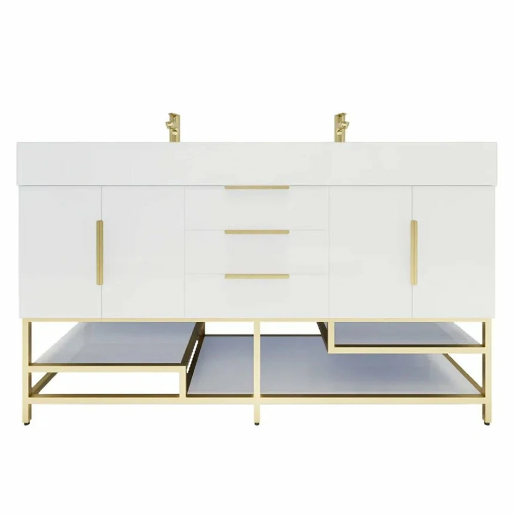 Blossom Freestanding Bathroom Vanity With Acrylic Sink, Drawers, Open Shelf Storage & Gold Hardware & Frame