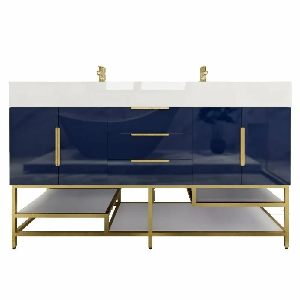 Blossom Freestanding Bathroom Vanity With Acrylic Sink, Drawers, Open Shelf Storage & Gold Hardware & Frame