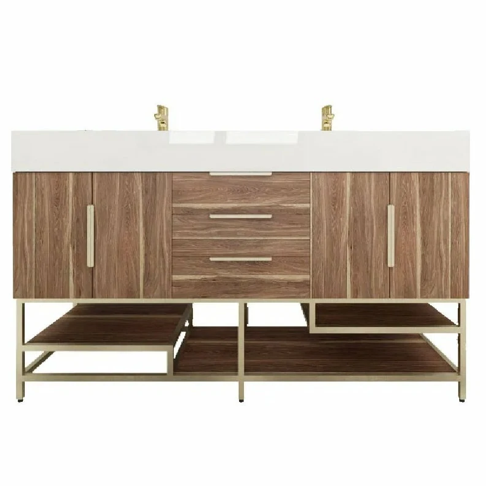 Blossom Freestanding Bathroom Vanity With Acrylic Sink, Drawers, Open Shelf Storage & Gold Hardware & Frame