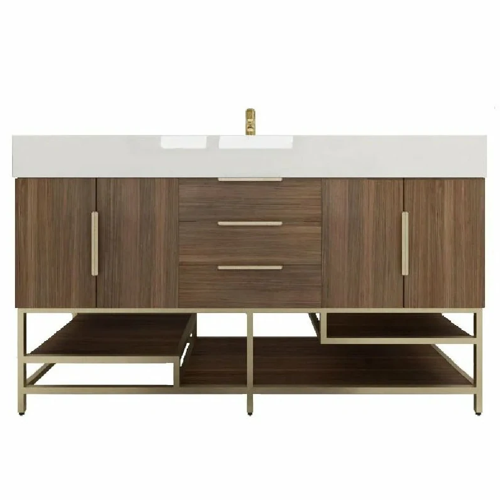 Blossom Freestanding Bathroom Vanity With Acrylic Sink, Drawers, Open Shelf Storage & Gold Hardware & Frame
