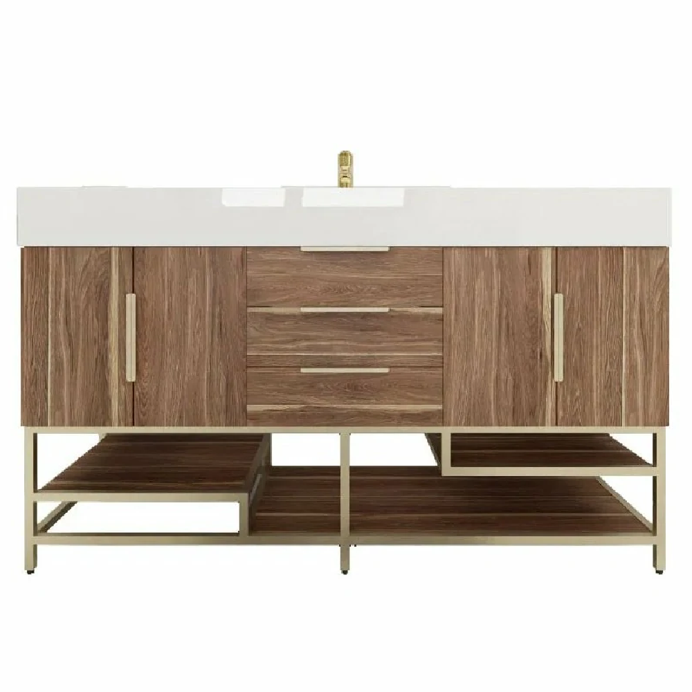 Blossom Freestanding Bathroom Vanity With Acrylic Sink, Drawers, Open Shelf Storage & Gold Hardware & Frame