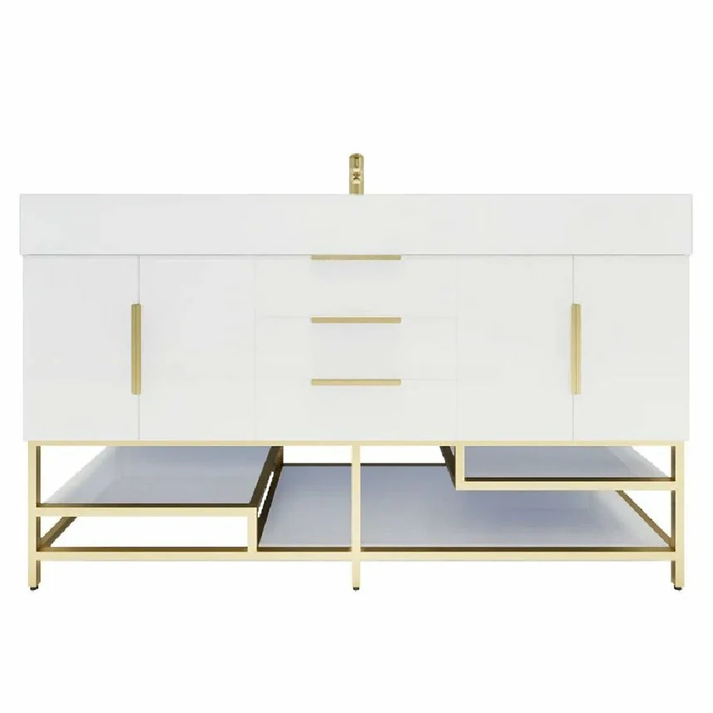 Blossom Freestanding Bathroom Vanity With Acrylic Sink, Drawers, Open Shelf Storage & Gold Hardware & Frame