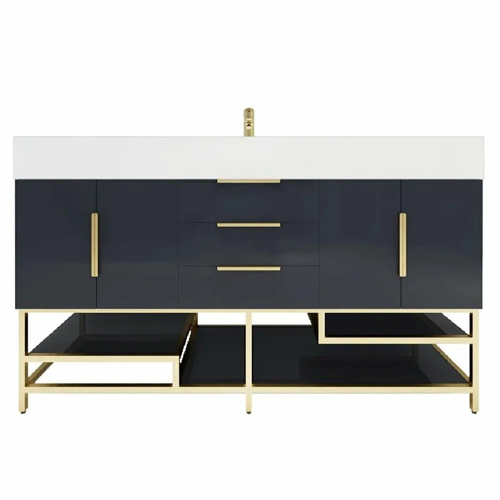 Blossom Freestanding Bathroom Vanity With Acrylic Sink, Drawers, Open Shelf Storage & Gold Hardware & Frame