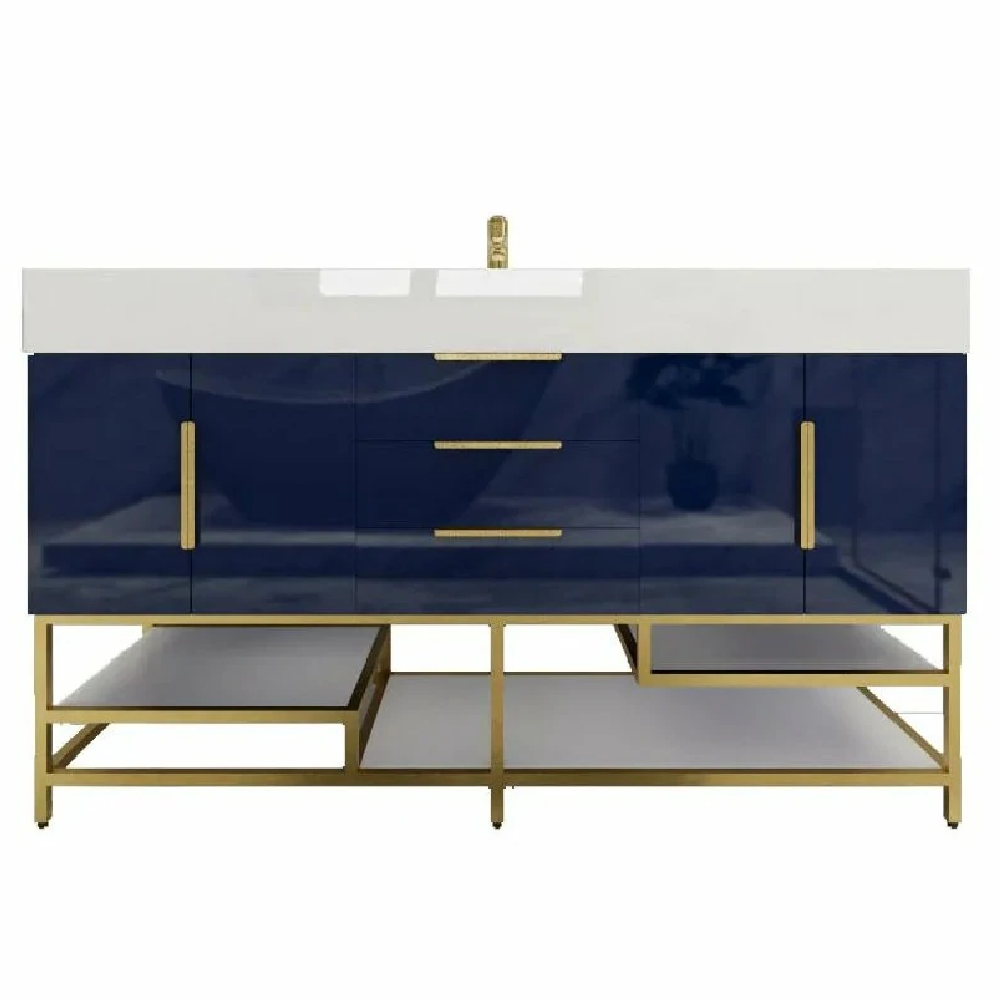 Blossom Freestanding Bathroom Vanity With Acrylic Sink, Drawers, Open Shelf Storage & Gold Hardware & Frame