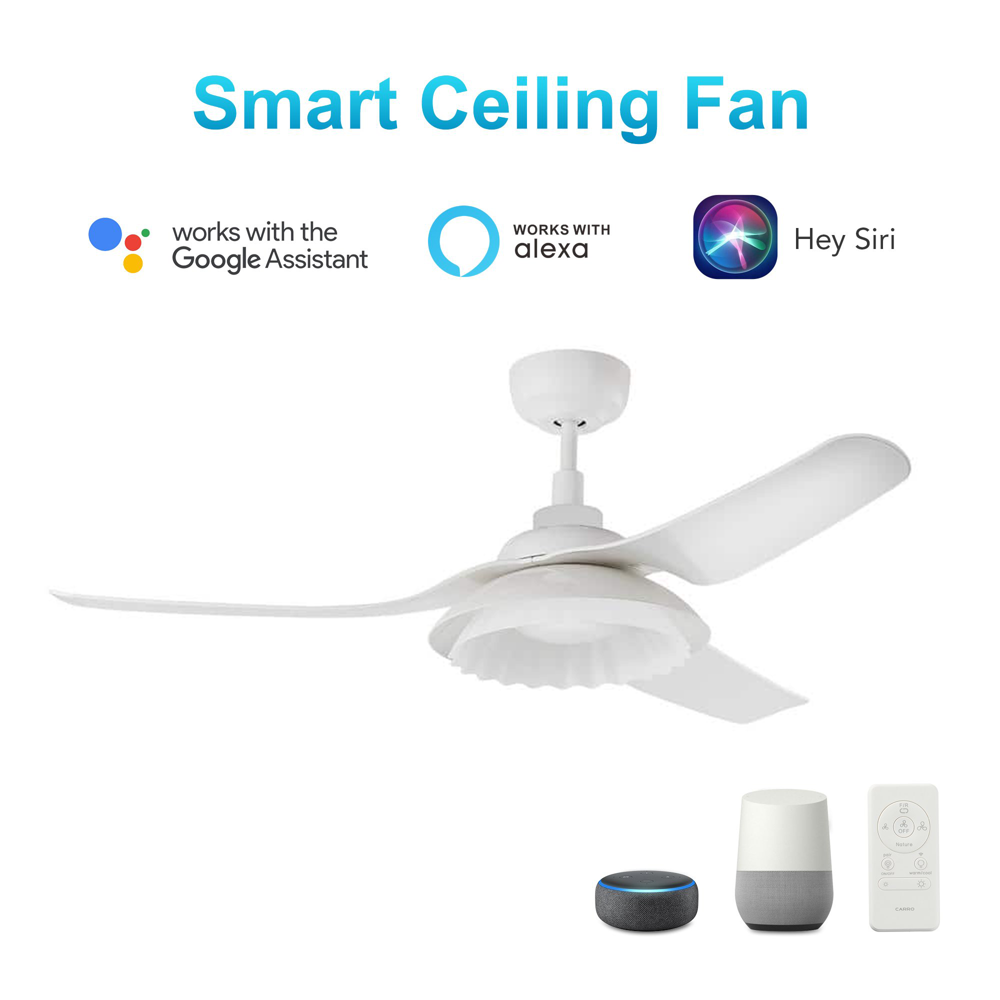 Daisy 52" In. White/White 3 Blade Smart Ceiling Fan with Dimmable LED Light Kit Works with Remote Control, Wi-Fi apps and Voice control via Google Assistant/Alexa/Siri