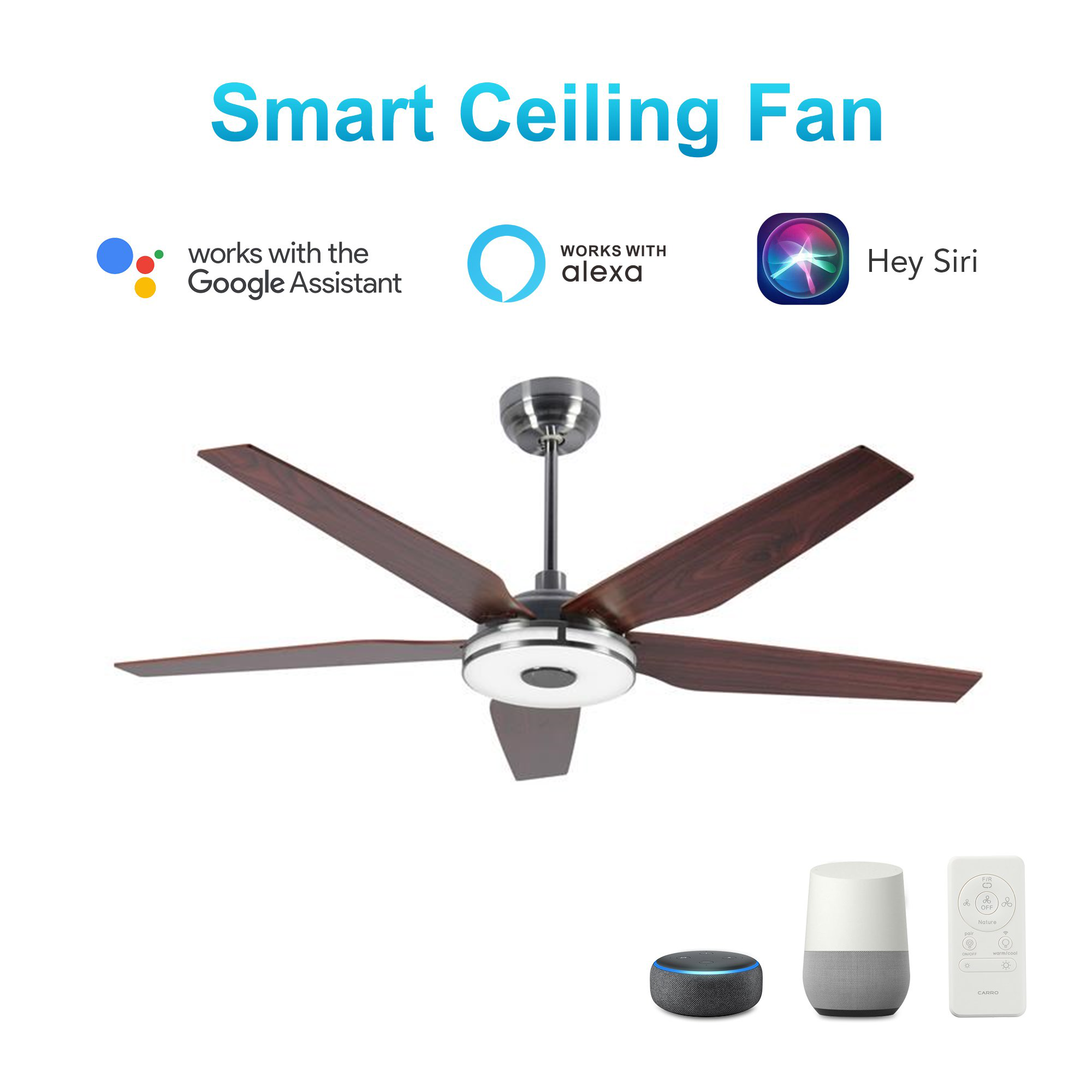 Explorer 56" In. Silver/Wood 5 Blade Smart Ceiling Fan with Dimmable LED Light Kit Works with Remote Control, Wi-Fi apps and Voice control via Google Assistant/Alexa/Siri