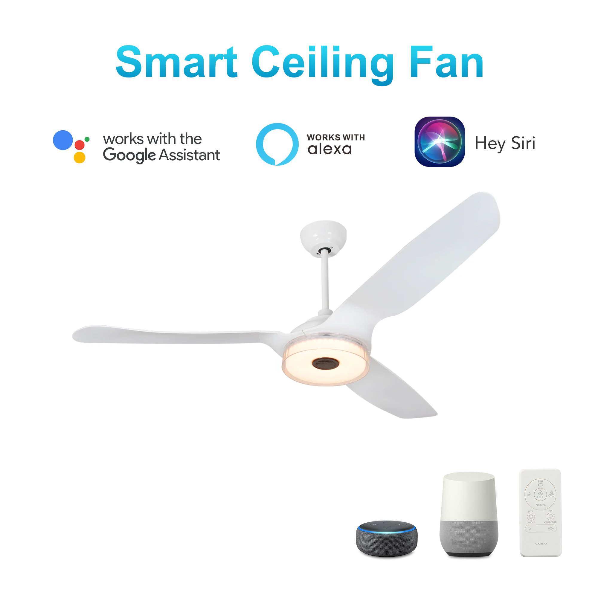 Icebreaker White/White 3 Blade Smart Ceiling Fan with Dimmable LED Light Kit Works with Remote Control, Wi-Fi apps and Voice control via Google Assistant/Alexa/Siri (Set of 2)