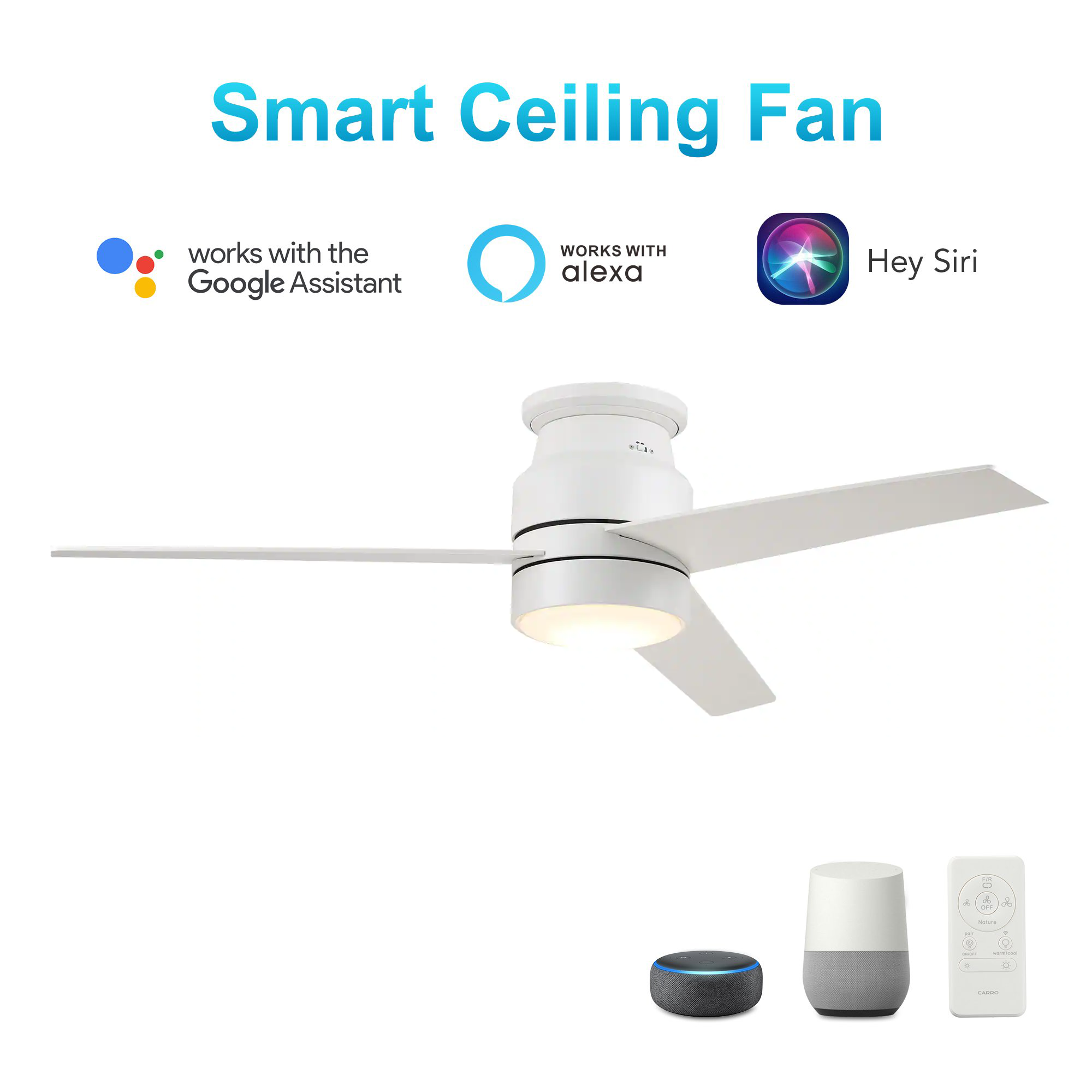 Ranger 52" In. White/White 3 Blade Smart Ceiling Fan with LED Light Kit Works with Wall control, Wi-Fi apps and Voice control via Google Assistant/Alexa/Siri