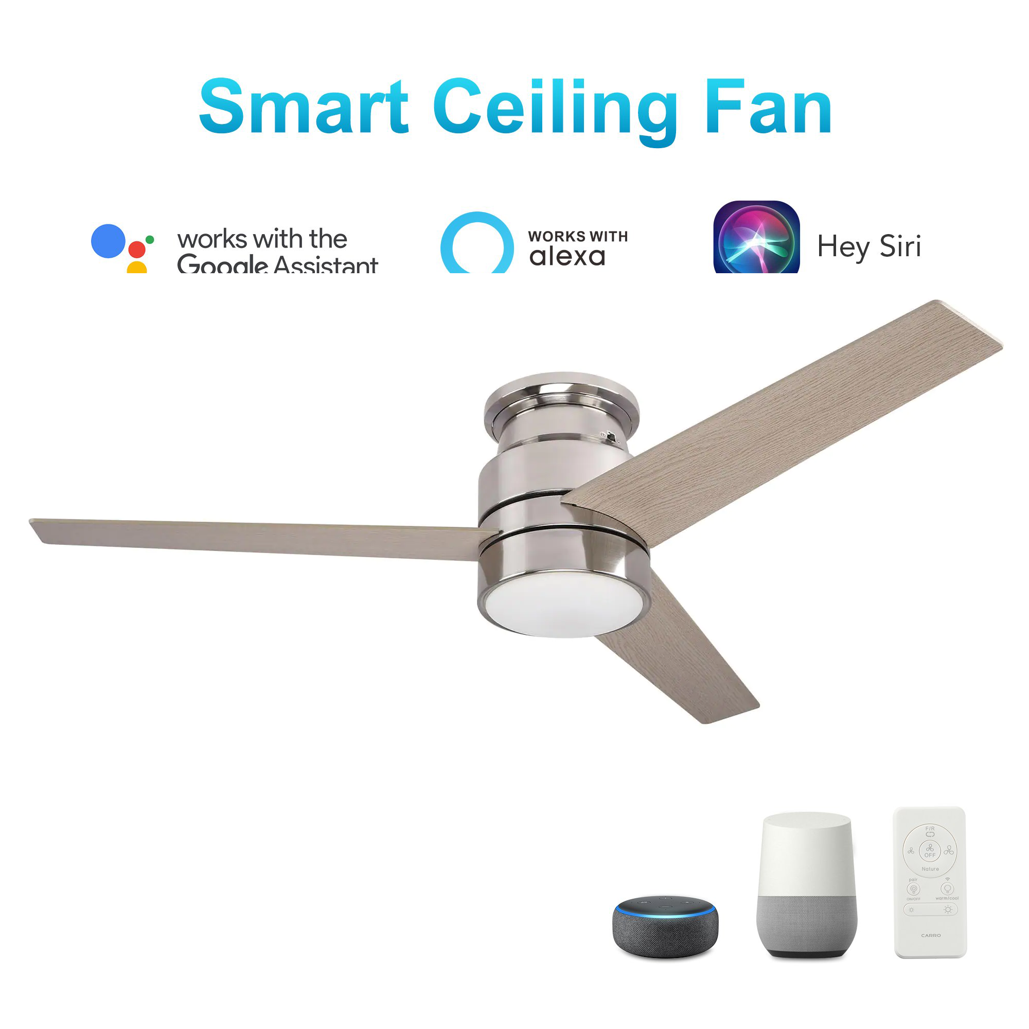 Ranger 52" In. Silver/Wood 3 Blade Smart Ceiling Fan with LED Light Kit Works with Wall control, Wi-Fi apps and Voice control via Google Assistant/Alexa/Siri