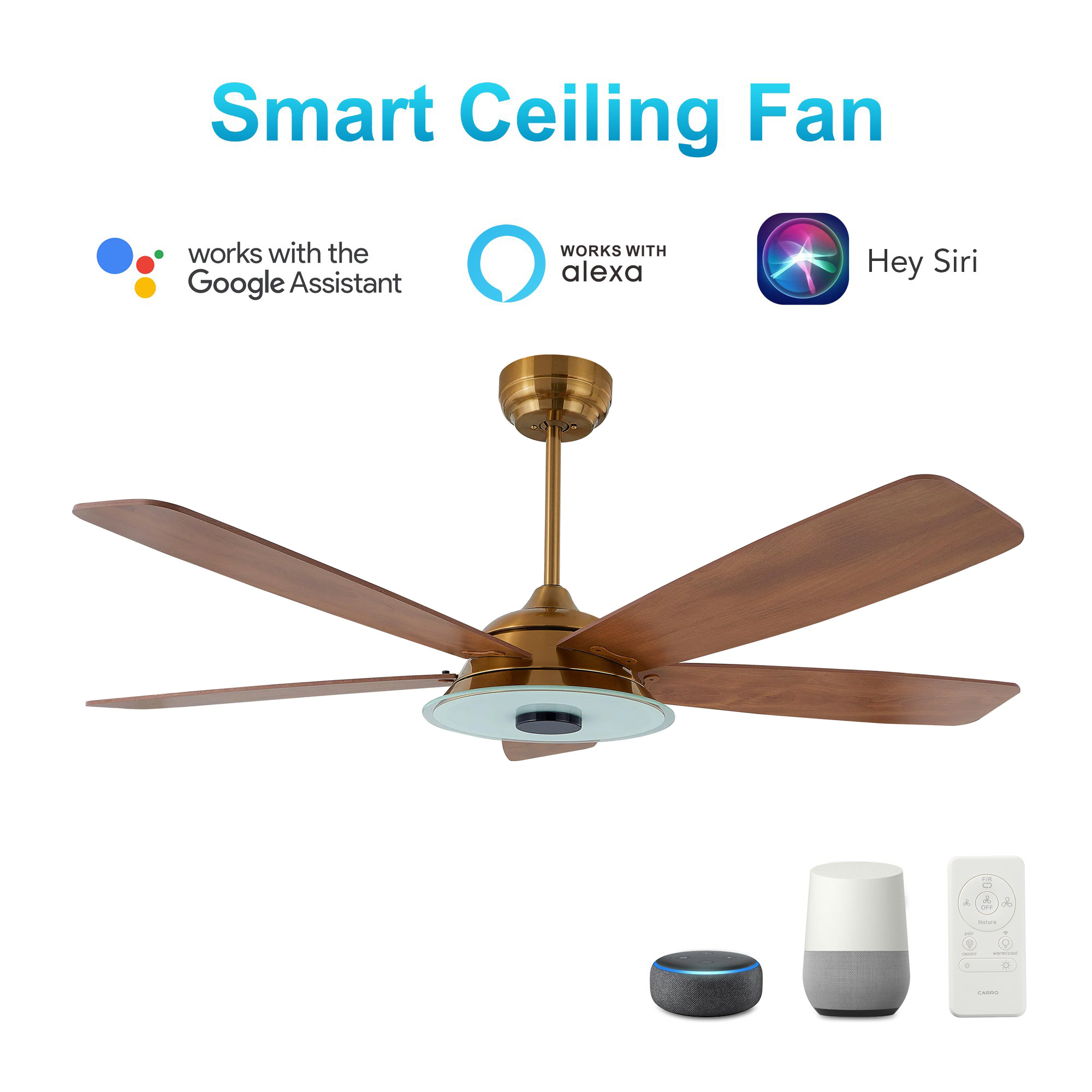 Striker Gold/Wood 5 Blade Smart Ceiling Fan with Dimmable LED Light Kit Works with Remote Control, Wi-Fi apps and Voice control via Google Assistant/Alexa/Siri