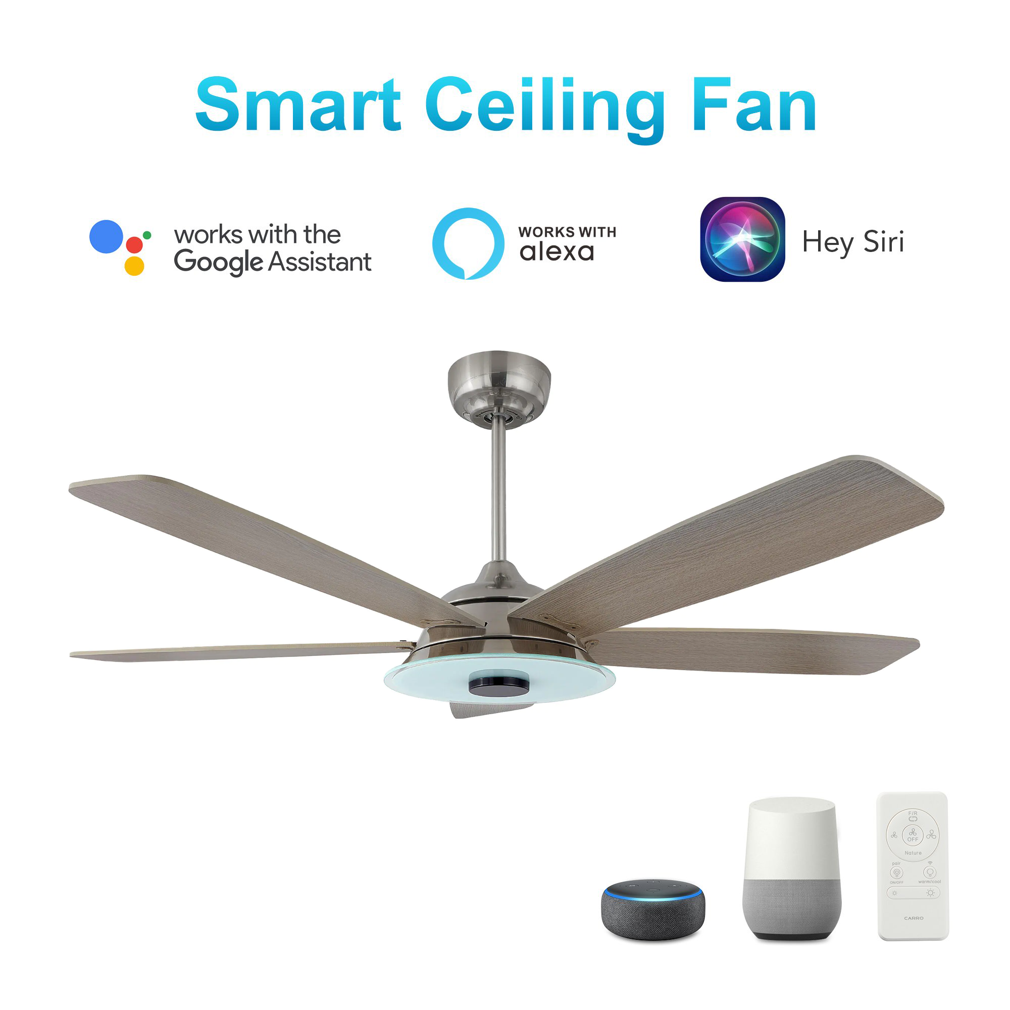 Striker Silver/Wood 5 Blade Smart Ceiling Fan with Dimmable LED Light Kit Works with Remote Control, Wi-Fi apps and Voice control via Google Assistant/Alexa/Siri