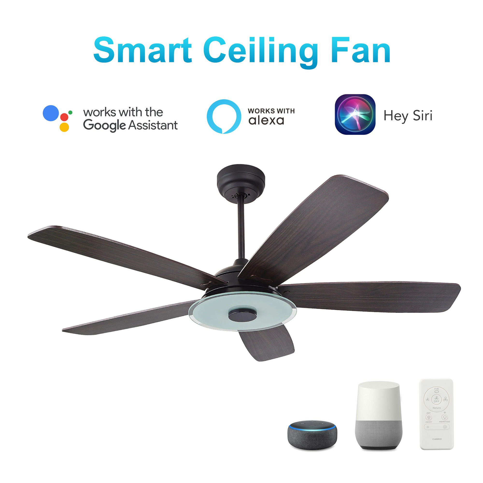 Striker Black/Dark Wood 5 Blade Smart Ceiling Fan with Dimmable LED Light Kit Works with Remote Control, Wi-Fi apps and Voice control via Google Assistant/Alexa/Siri