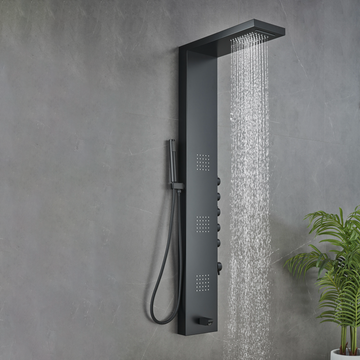 55 in. 3-Jet Stainless Steel Matte Black Shower Panel System with Fixed Rainfall & Waterfall Shower Head, Tub Spout & Handheld Shower, Self-Cleaning & Jet Massage Feature