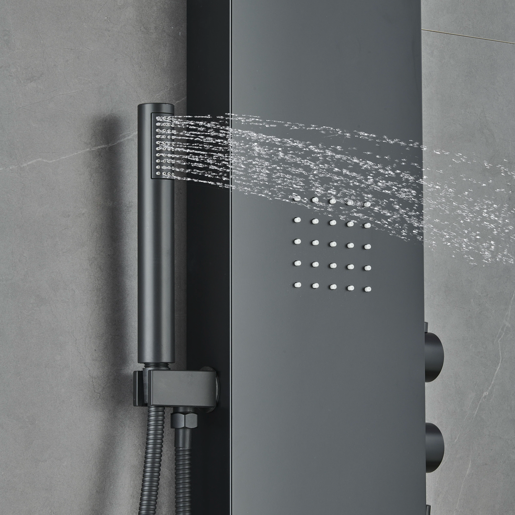 55 inch 3- Jet Stainless Steel Shower Panel System with Rainfall, Waterfall Shower Head, Tub Spout & Handheld Shower - Matte Black Finish