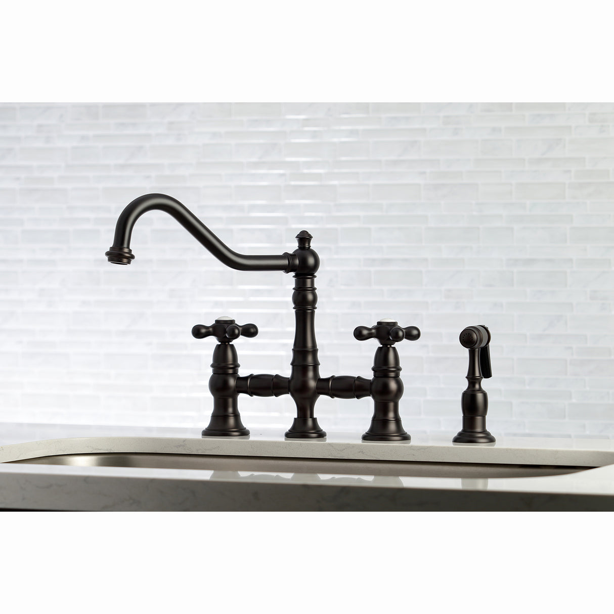 Restoration 8" Bridge Kitchen Faucet With Sprayer Includes Cross Handles For Easy Rotation