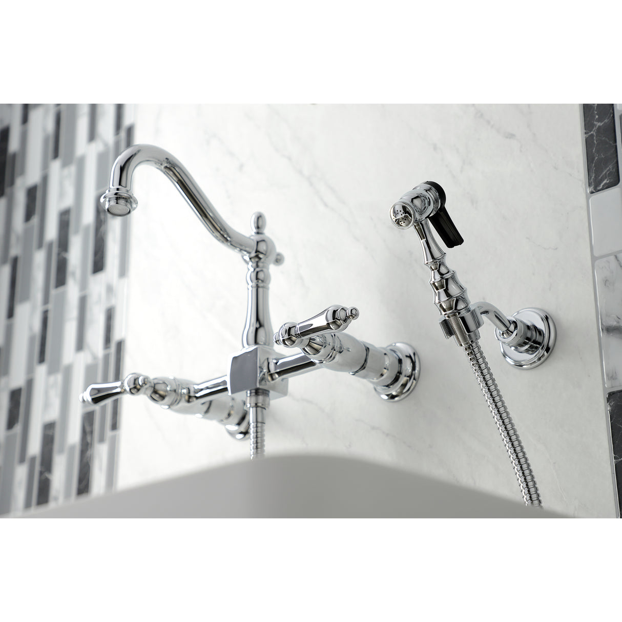 Heritage Traditional Wall Mount Bridge Kitchen Faucet with Brass Sprayer