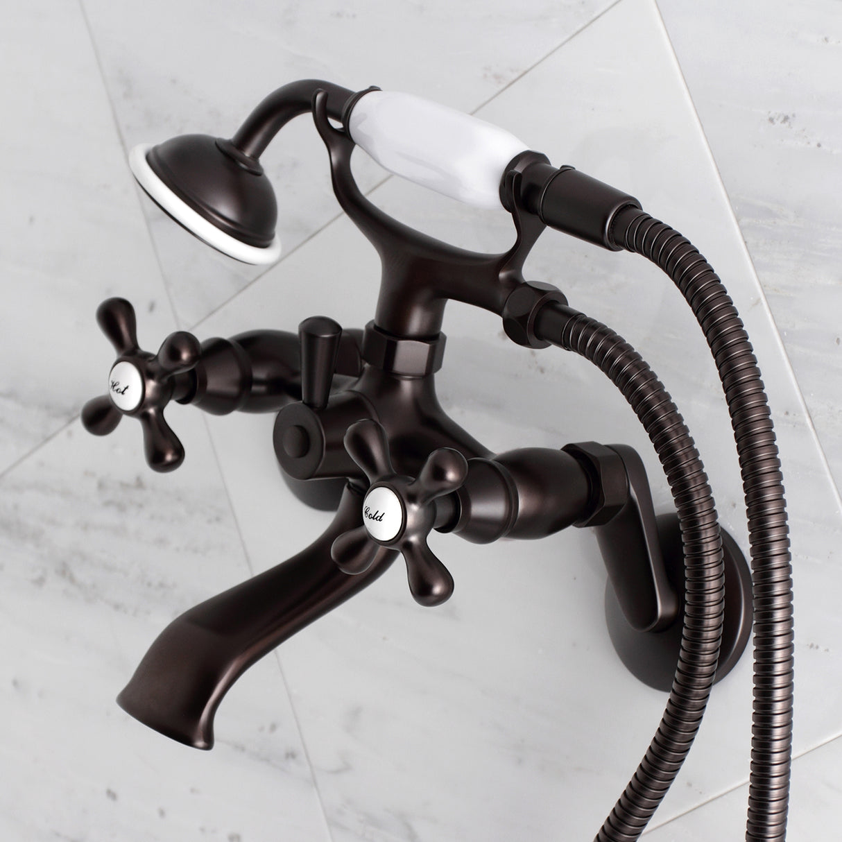 Wall Mount Clawfoot Tub Faucet With Hand Shower, Two Hole Installation