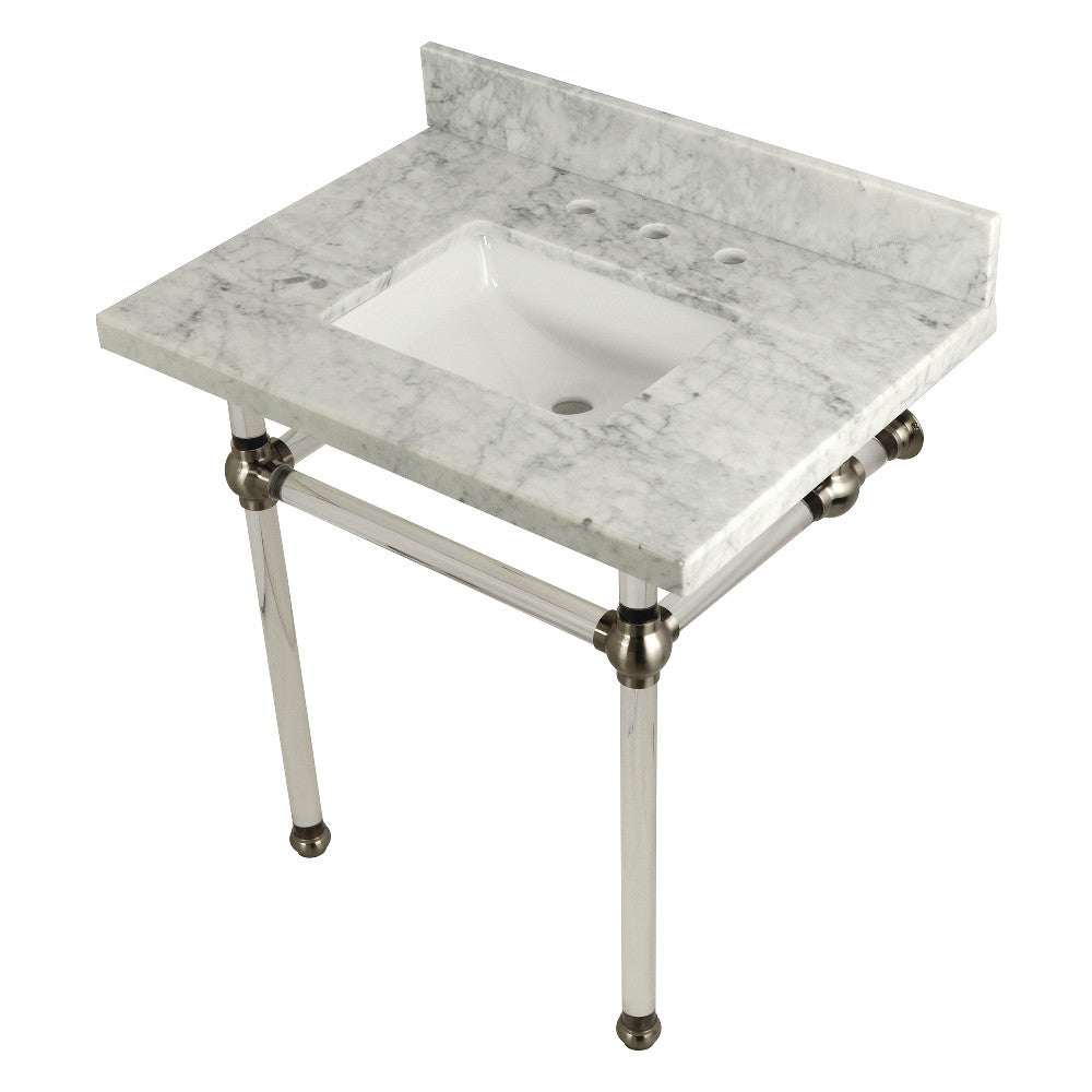 Templeton 30" x 22" Carrara Marble Vanity Top with Clear Acrylic Console Legs