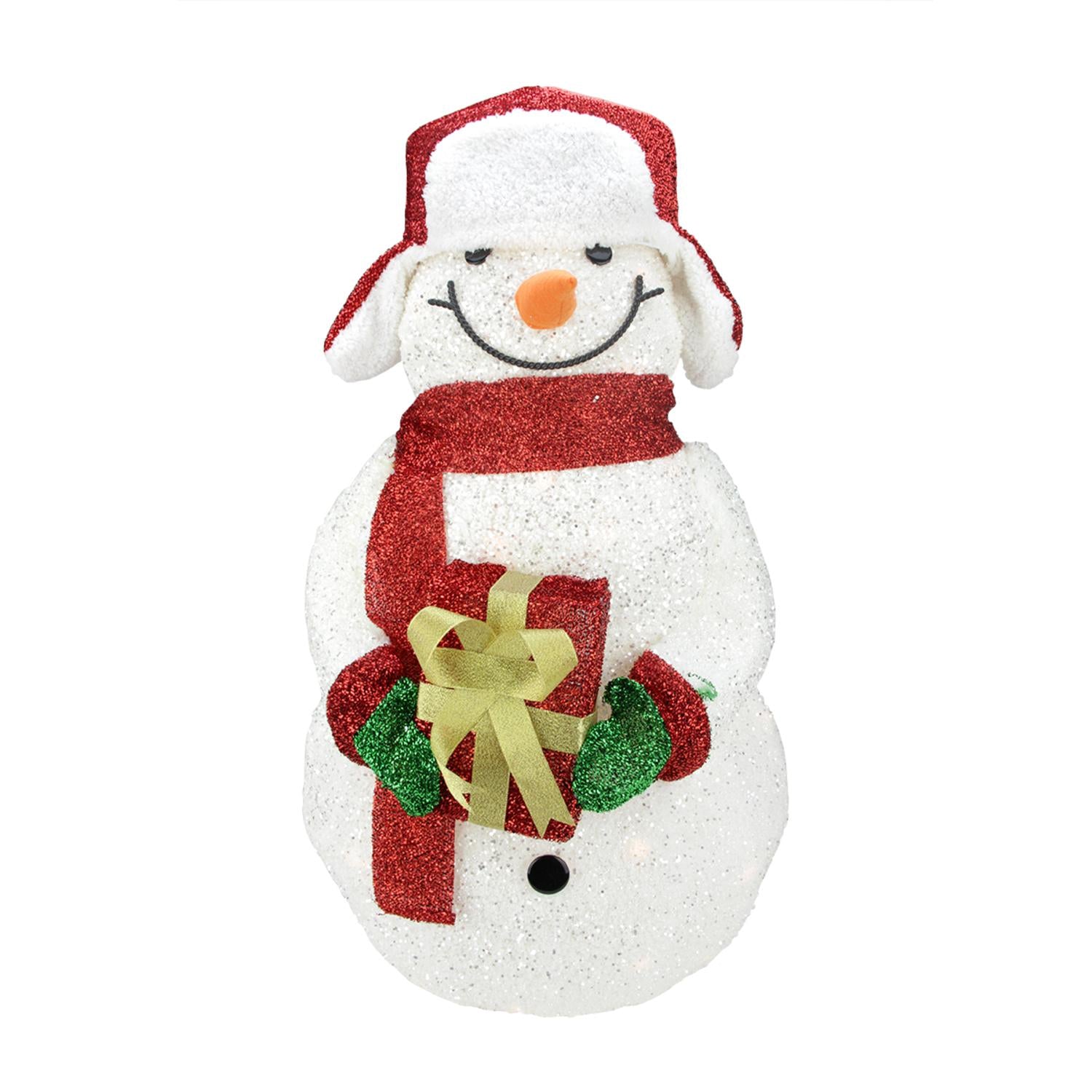 28.5" Lighted White Plush Glittered Tinsel Snowman with Gift Christmas Yard Art Decoration