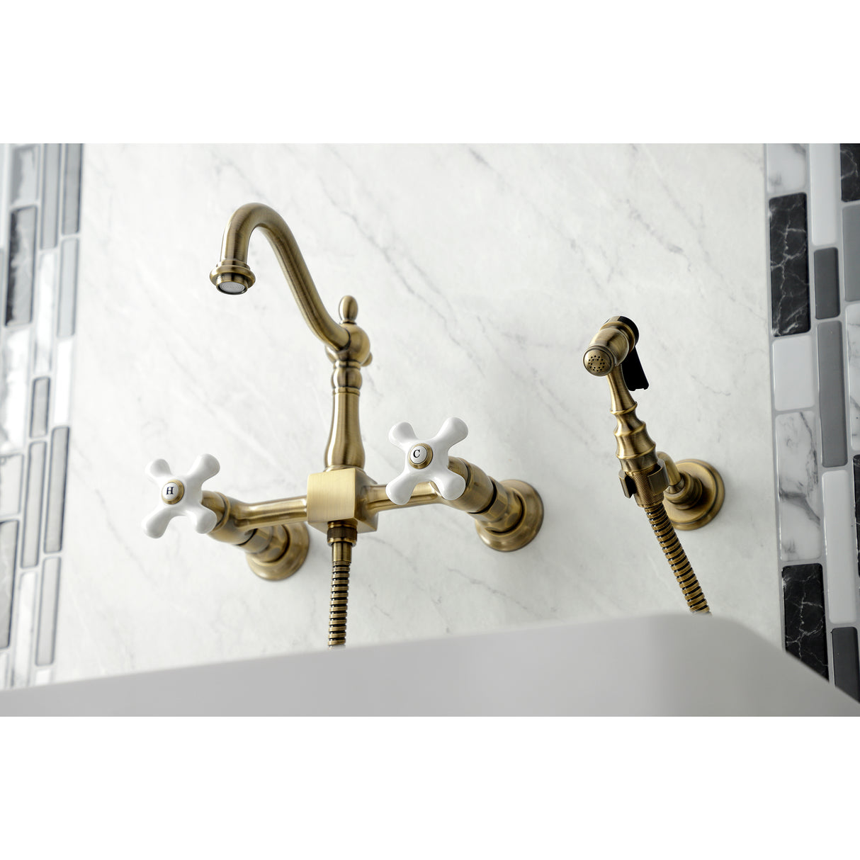 Heritage Wall Mount Bridge Kitchen Faucet W/ Brass Sprayer