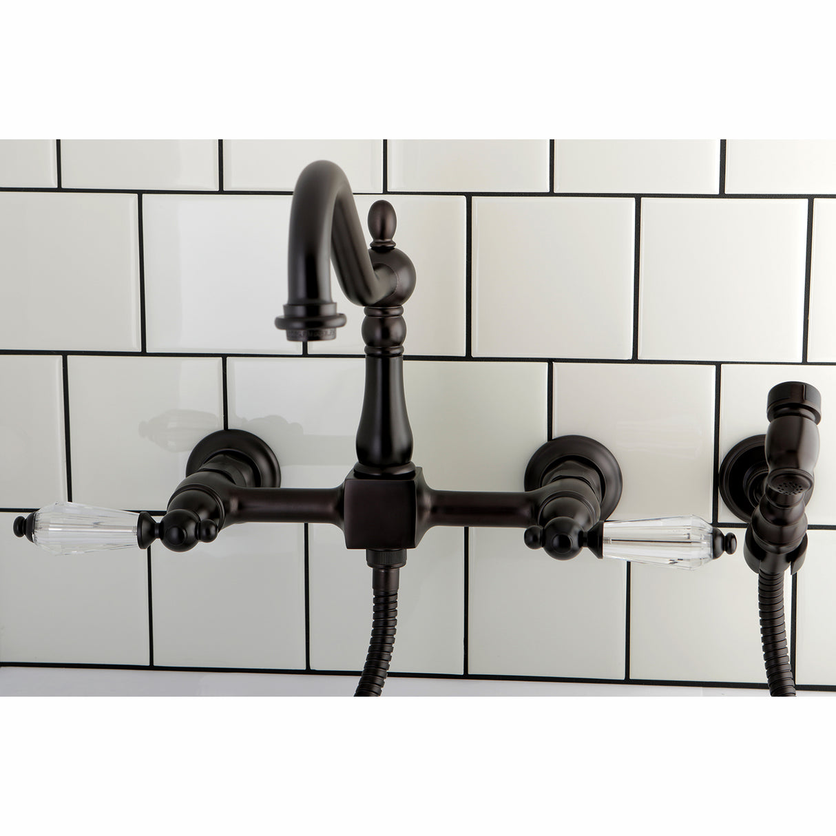 Wilshire Wall Mount Bridge Kitchen Faucet with Brass Sprayer