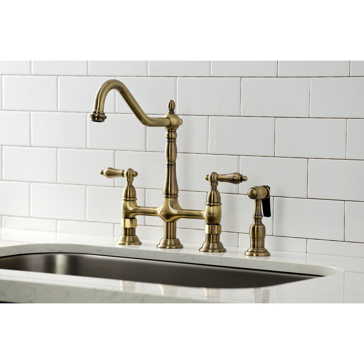 Heritage Bridge Kitchen Faucet with Brass Sprayer